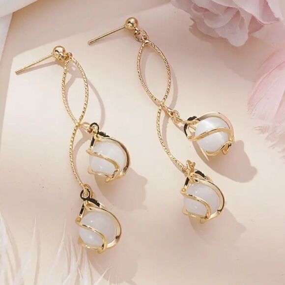 Boho-Elegant Long Tassel Opal Design Earrings Stainless Steel Drop Fashion Look - Picture 13 of 15